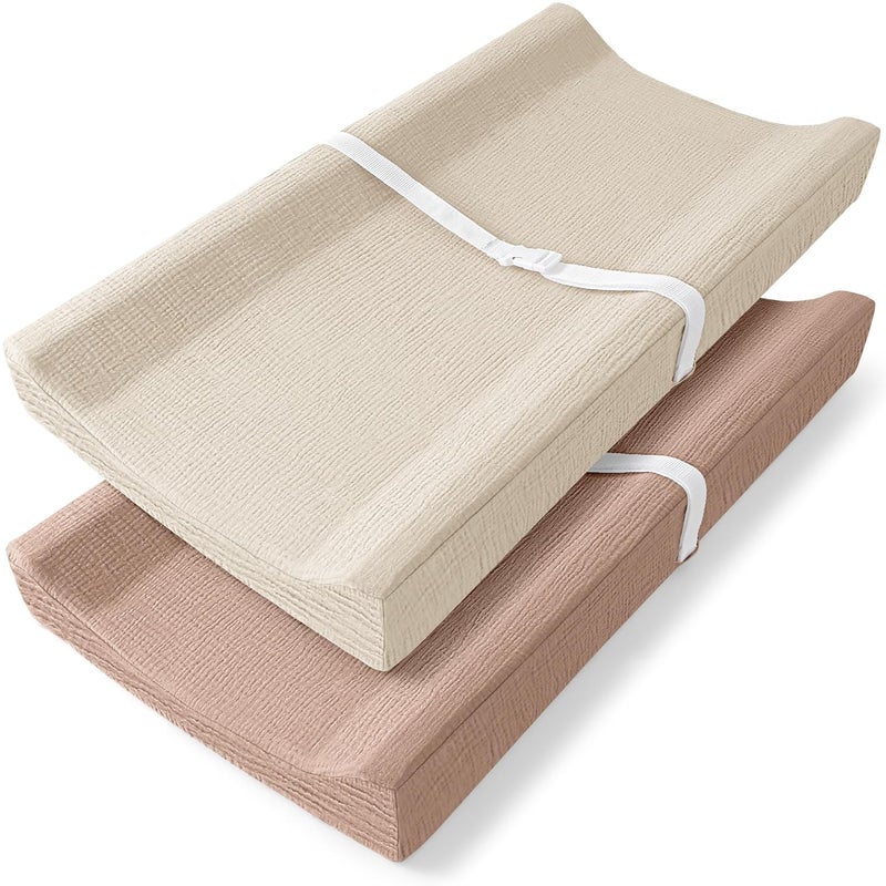 Bearmoss Changing Pad Cover, 2 Pack Muslin [100% Cotton] Diaper Changing Table Covers, 32'' x 16'' Soft Breathable Changing Pad Sheets for Unisex Baby Girls and Boys with Strap Holes (Peanut) - Image 1